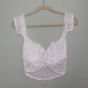 White Crochet Lace Up Top